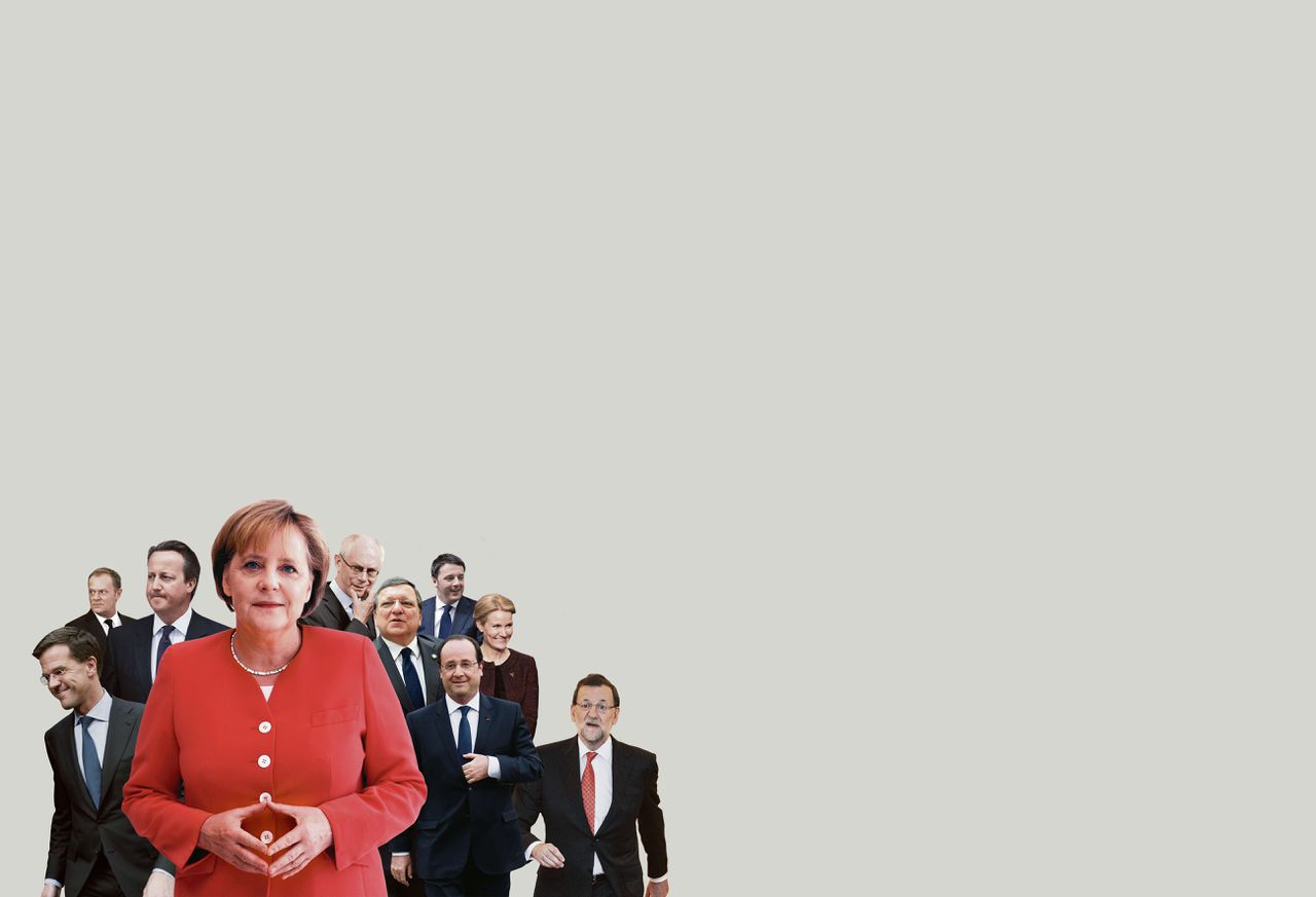 Europese regeringsleiders (van links naar rechts) Mark Rutte (Nederland), Donald Tusk (Polen), David Cameron (Groot-Brittannië), Angela Merkel (Duitsland), Herman van Rompuy (voorzitter Europese Raad), José Manuel Barroso (voorzitter Europese Commissie), Matteo Renzi (Italië), François Hollande (Frankrijk), Helle Thorning- Schmidt (Denemarken), Mariano Rajoy (Spanje).
