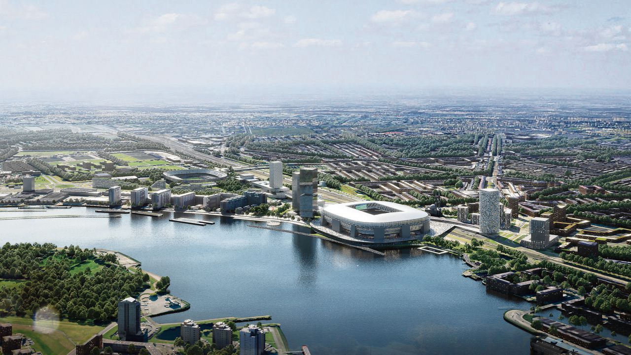 Animaties van het nieuwe Feyenoord-stadion plus gebiedsontwikkeling, met een zwevende winkelstraat naar de Kuip.