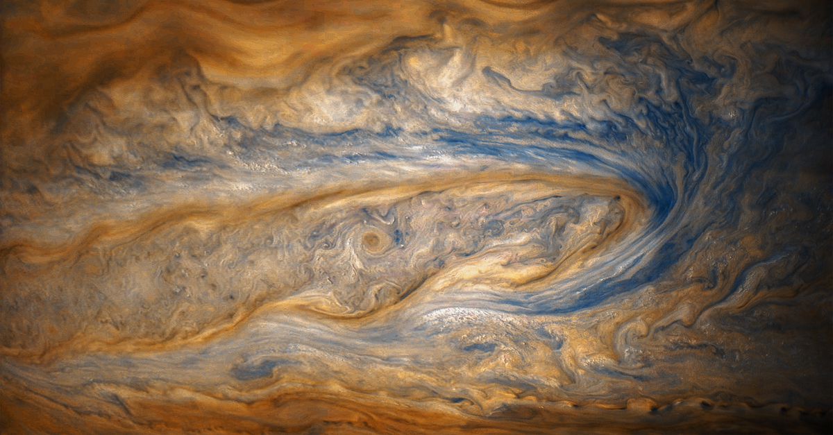 Kolkend Jupiter voor de lens van Juno NRC