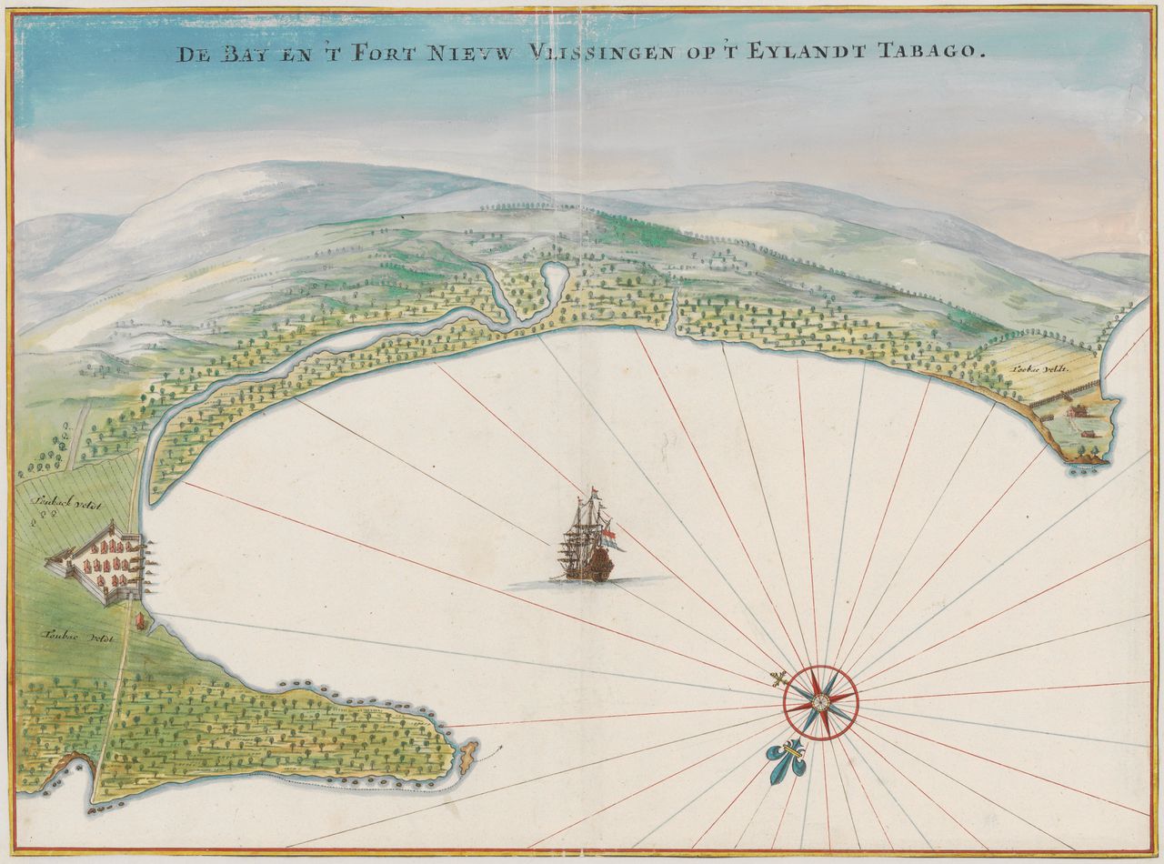 Kaart van ‘de baij en 't fort Nieuw Vlissingen op 't eijlandt Tabago’.