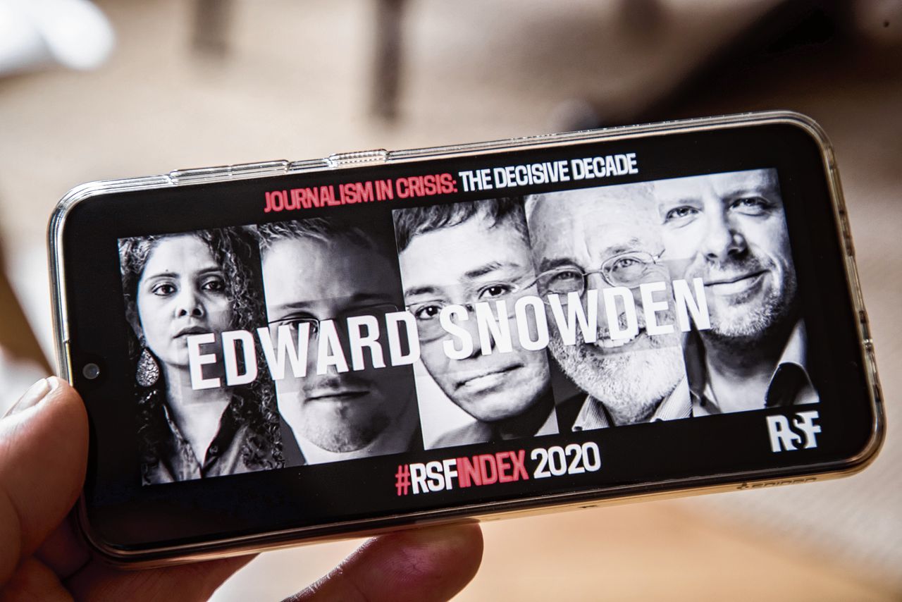 Reporters Without Borders presenteerde woensdag online de Press Freedom Index. Op het openingsscherm onder andere klokkenluider Edward Snowden.