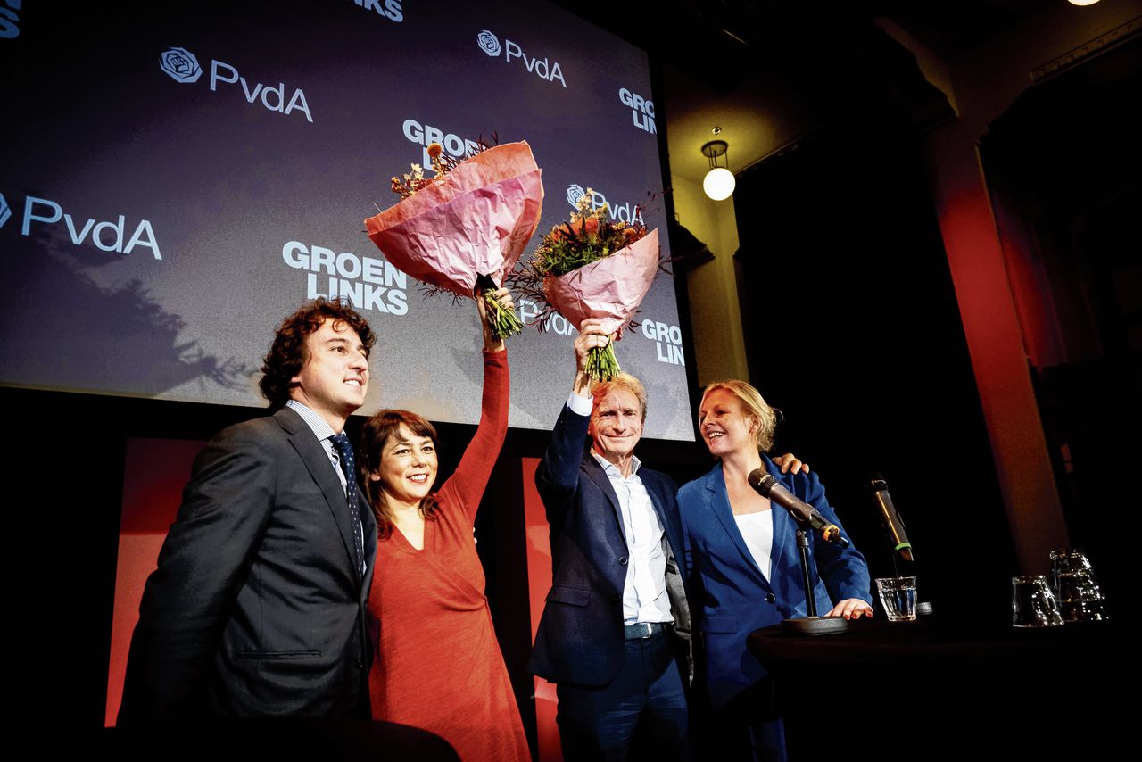 Jesse Klaver, Mei Li Vos, Paul Rosenmöller en Attje Kuiken tijdens de presentatie van de kandidatenlijsten van GroenLinks en PvdA voor de Eerste Kamerverkiezingen.