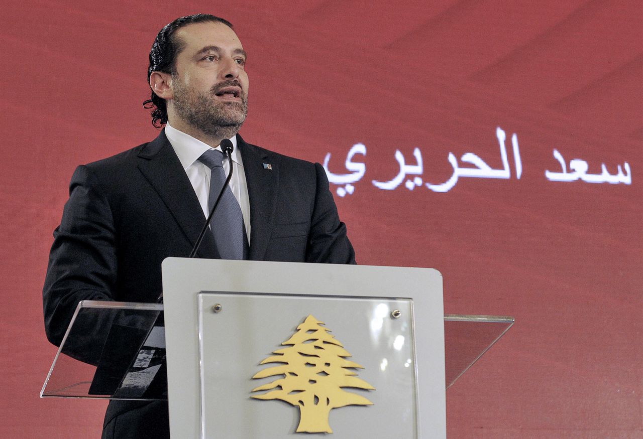De Libanese premier Saad Hariri bij een conferentie op 3 november.