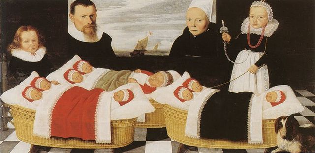 Portret van een familie, vermoedelijk het gezin van Jan Gerritsz Pan en Wybrich Tades Strijckebolle, 1638., met hun twee levende en negen overleden kinderen