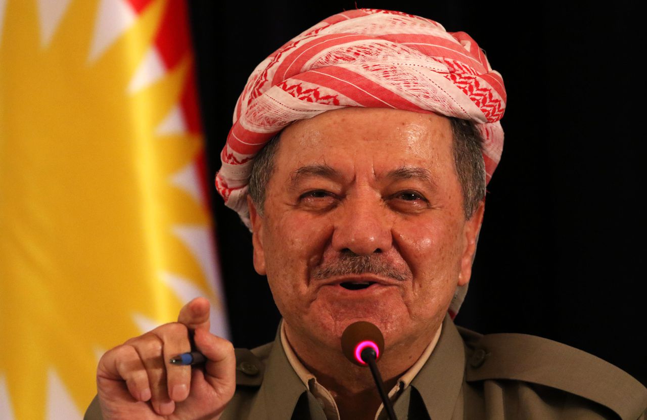 Massoud Barzani tijdens een persconferentie in Arbil