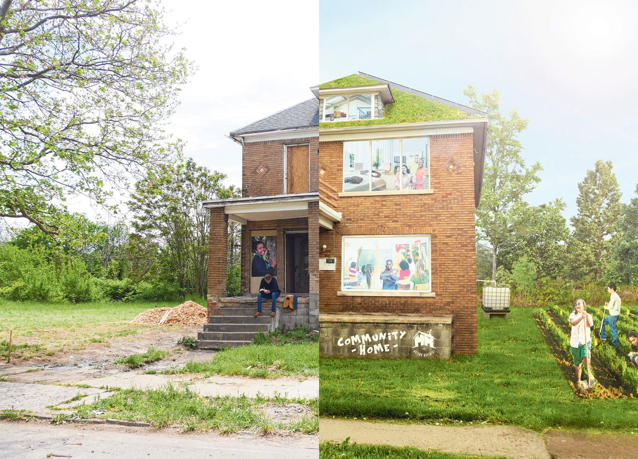 Links het aangekochte pand in Detroit, rechts de artist’s impression van hoe het huis moet worden.
