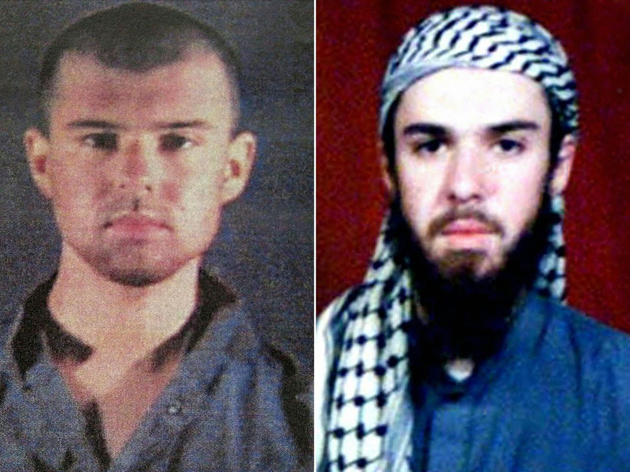 Links een politiefoto van de 20-jarige John Walker Lindh, nadat hij door Amerikaanse troepen in Afghanistan was opgepakt. Rechts een foto van hem op een religieuze school in Pakistan.