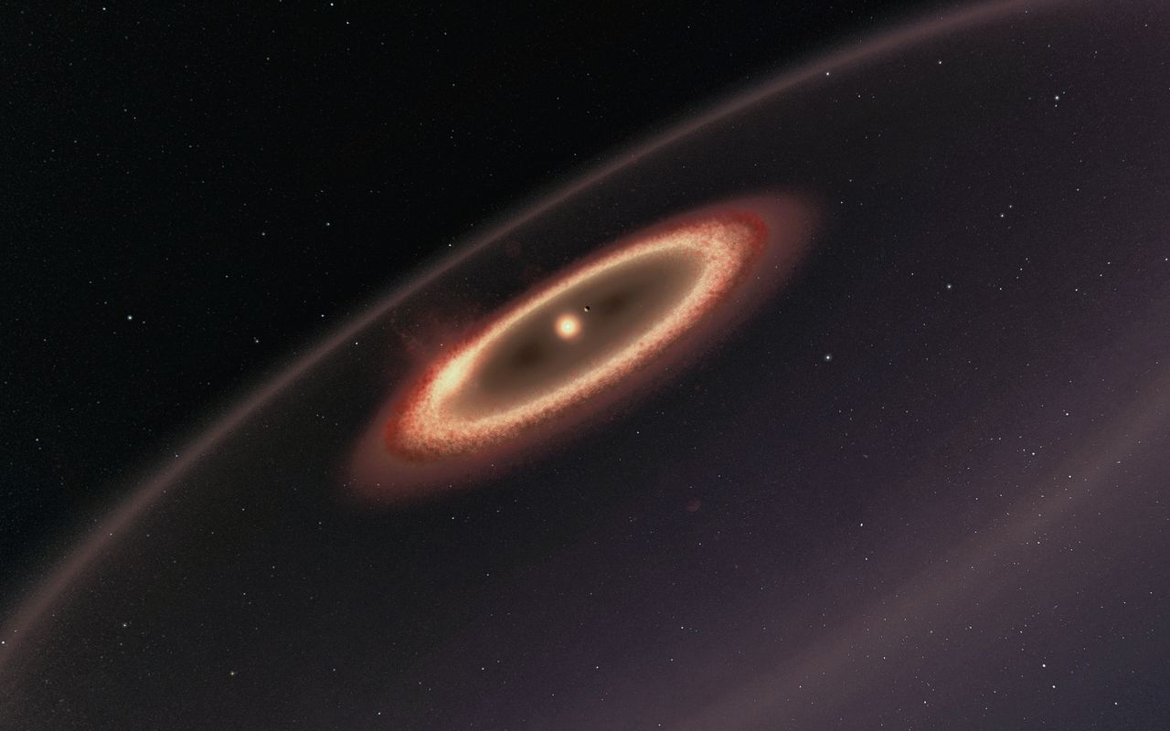 Tekening van twee nieuw ontdekte planetoïdengordel om Proxima Centauri. Binnen de binnenste gordel is dichtbij de kleine ster de planeet Proxima b getekend (voor de duidelijkheid niet op schaal), die al eerder ontdekt is. De stofgordels betekenen waarschijnlijk dat er meer planeten te ontdekken zijn rond deze ster.