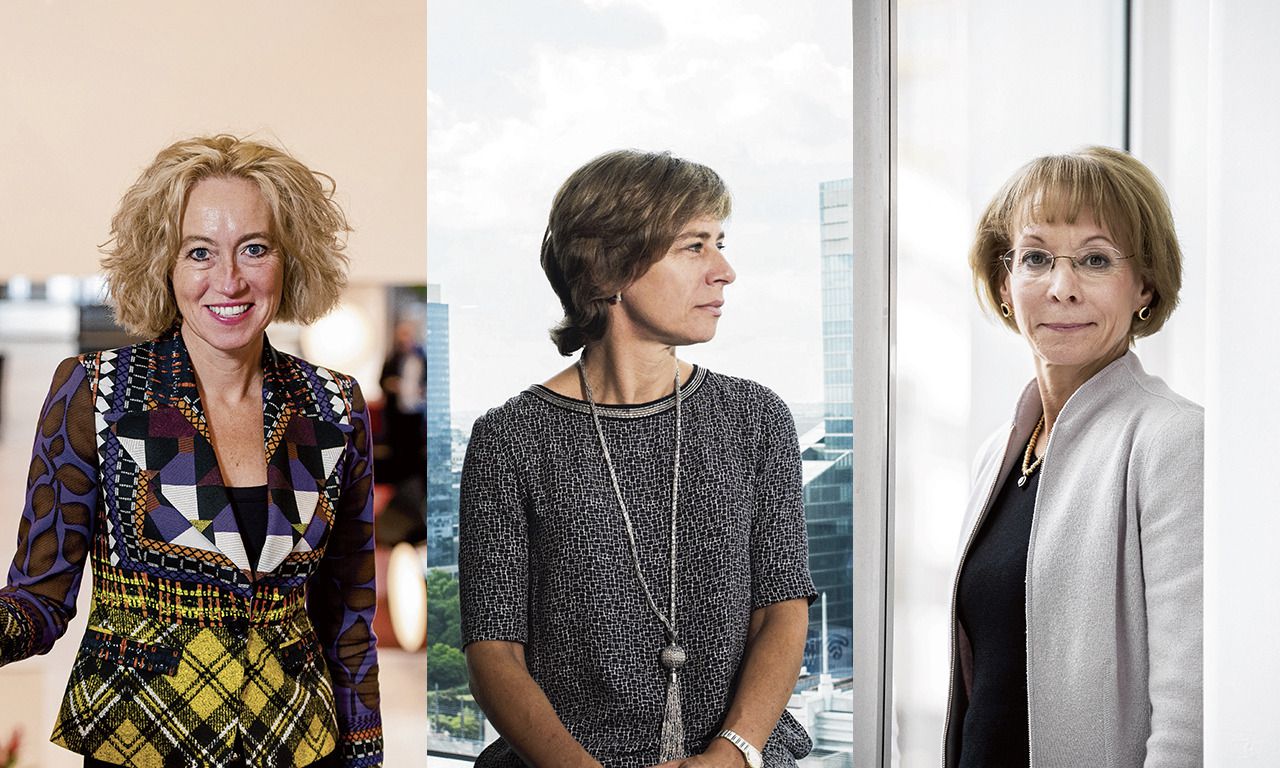 Met de komst van Dominique Leroy bij KPN zijn er drie vrouwelijke bestuursvoorzitters bij Nederlandse beursgenoteerde bedrijven: naast (m) Leroy zijn dat (l) Herna Verhagen (PostNL) en (r) Nancy McKinstry (Wolters Kluwer).