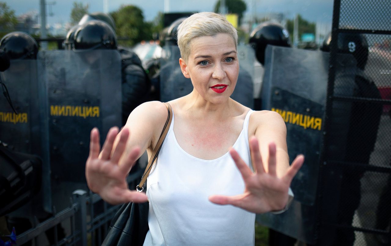 De Wit-Russische oppositieactivist Maria Kolesnikova eind vorige maand bij een demonstratie in Minsk.