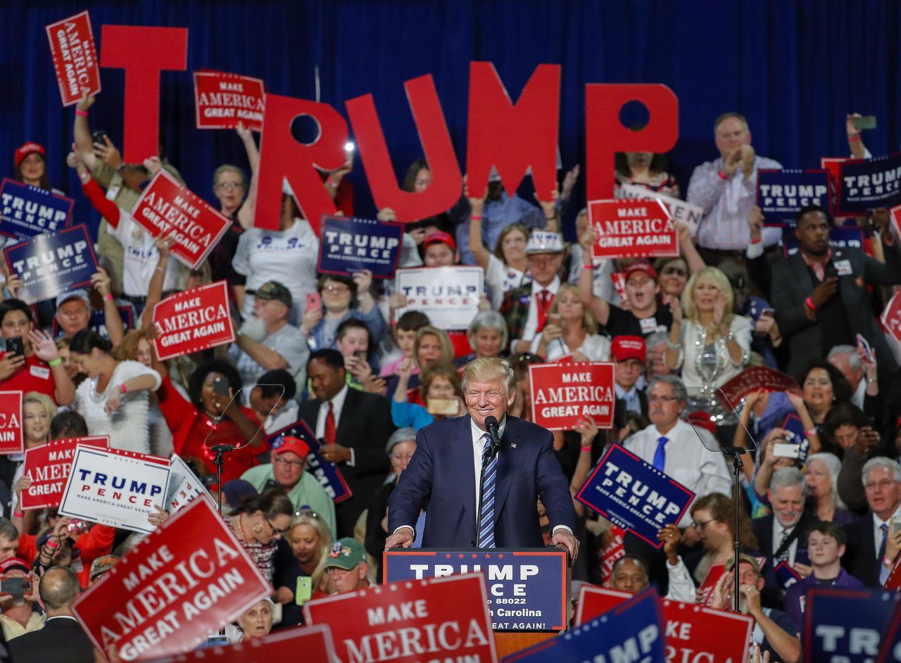 Donald Trump op een campagnebijeenkomst in North Carolina op 14 oktober 2016.
