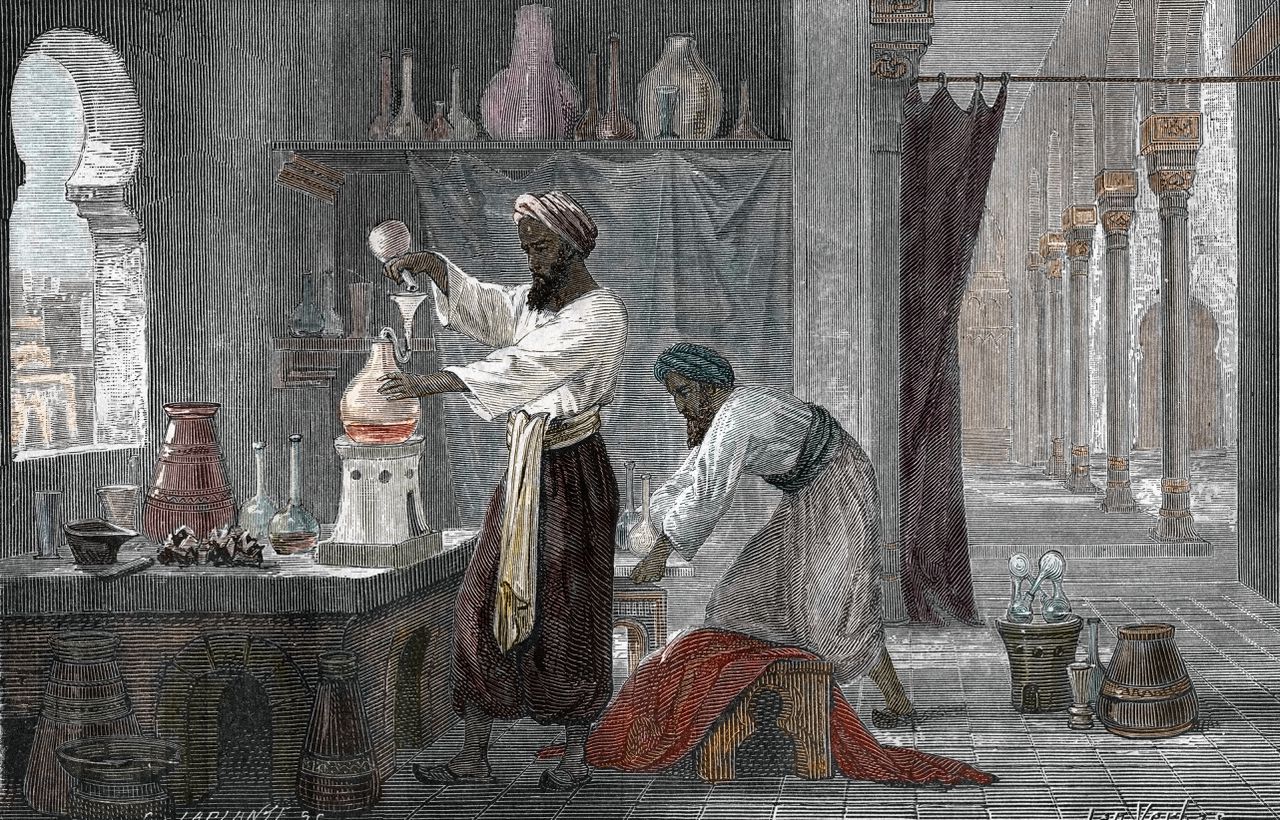 Gravure van Louis Figuier uit 1867 met daarop afgebeeld Al-Razi (865-925), een van de bekendste artsen van zijn tijd, in Bagdad.