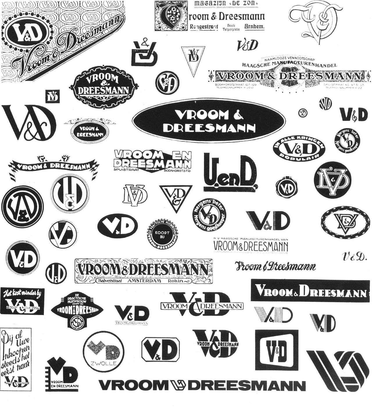 Logo van de V&D door de jaren heen.