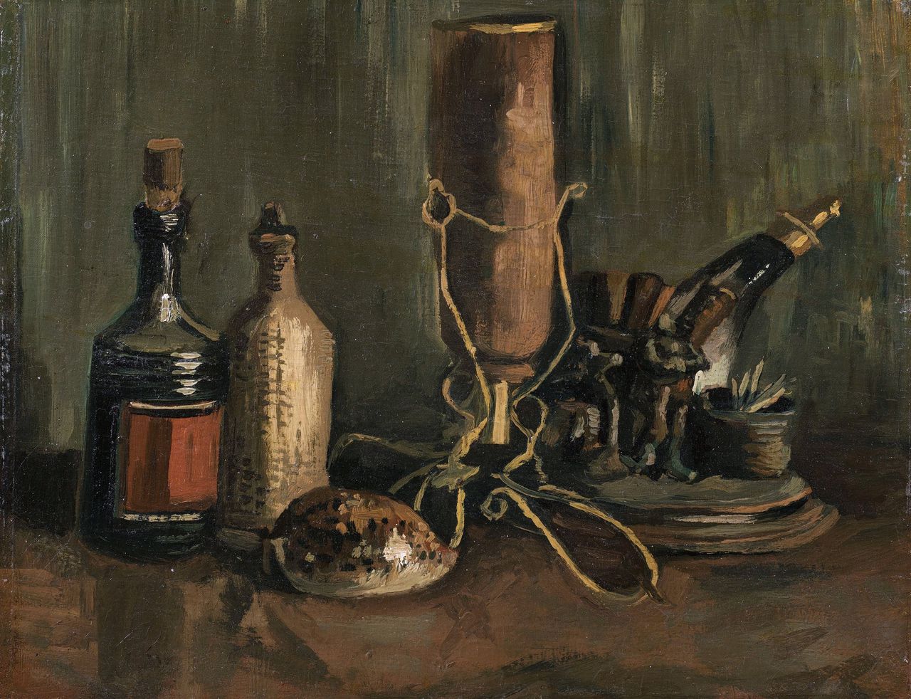 Het verworven doek: Stilleven met Flessen en schelp (1884).