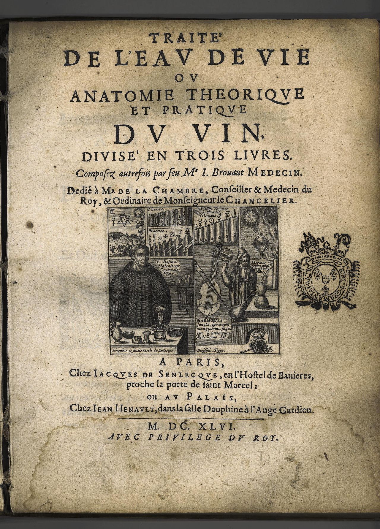'Eau de Vie'. Alchemisten proberen het levenselixer te maken. Jean Brouaut, Traite de l'eau de vie. Parijs 1646.