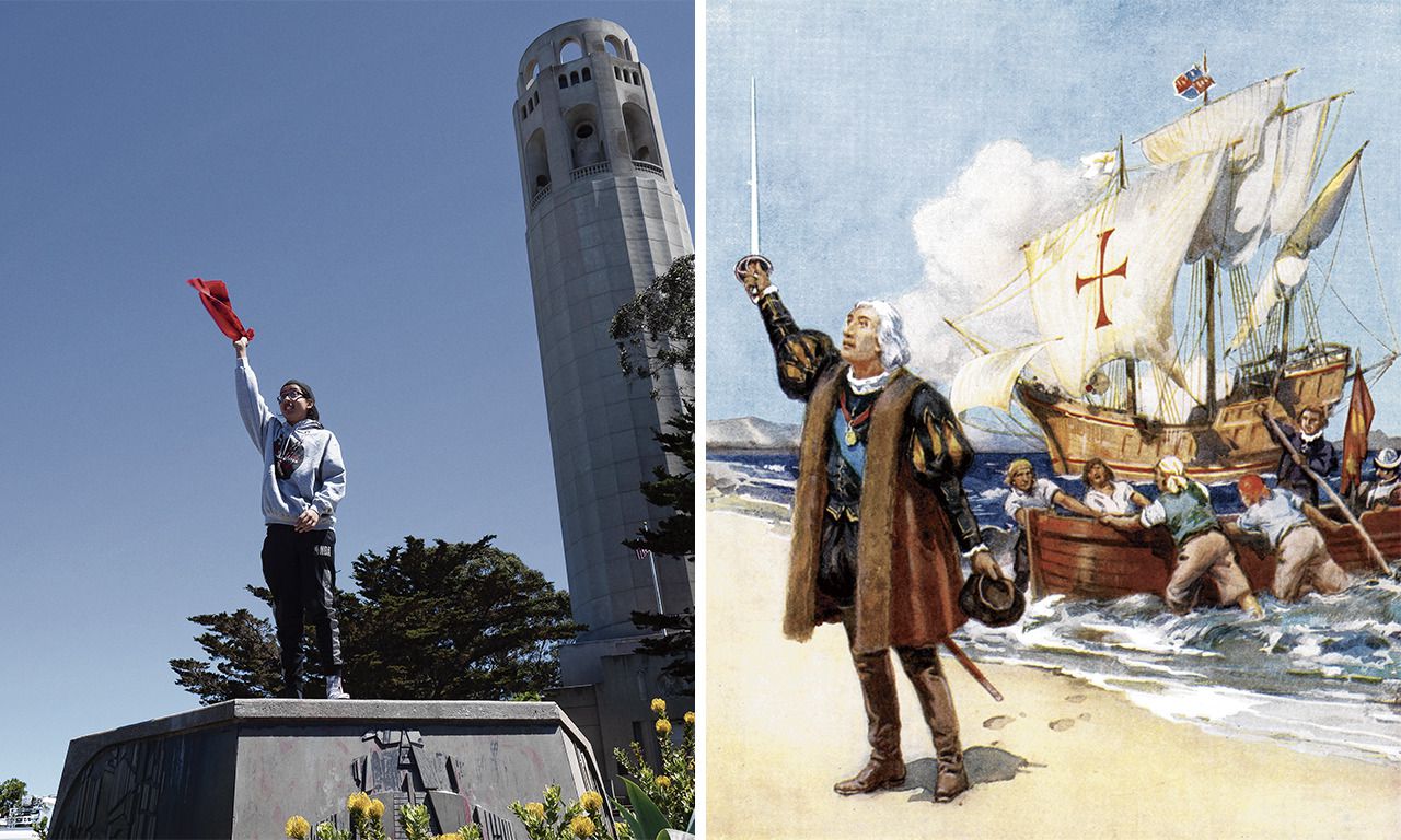 Links: Een lid van de Lakota-stam staat op de voet van het verwijderde Columbus-standbeeld in San Francisco, op 18 juni 2020. Rechts: Christopher Columbus claimt Amerika in 1492.