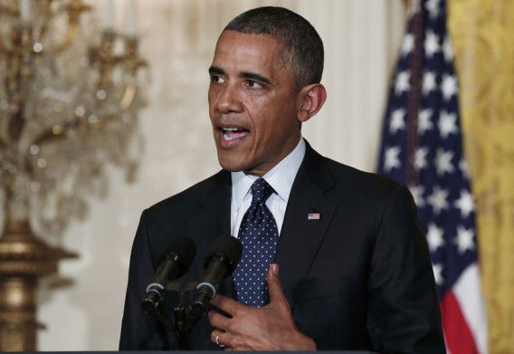 De Amerikaanse president Obama vannacht terwijl hij het aftreden bekendmaakte van Steven Miller, hoofd van de belastingdienst IRS.