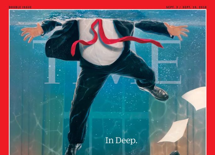 Trump houdt hoofd net boven water op cover Time 