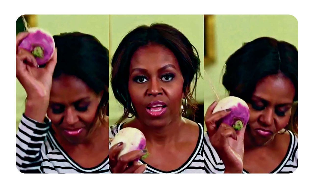 Michelle Obama danst met een knolraap in een Vine-filmpje (een clip van zes seconden).