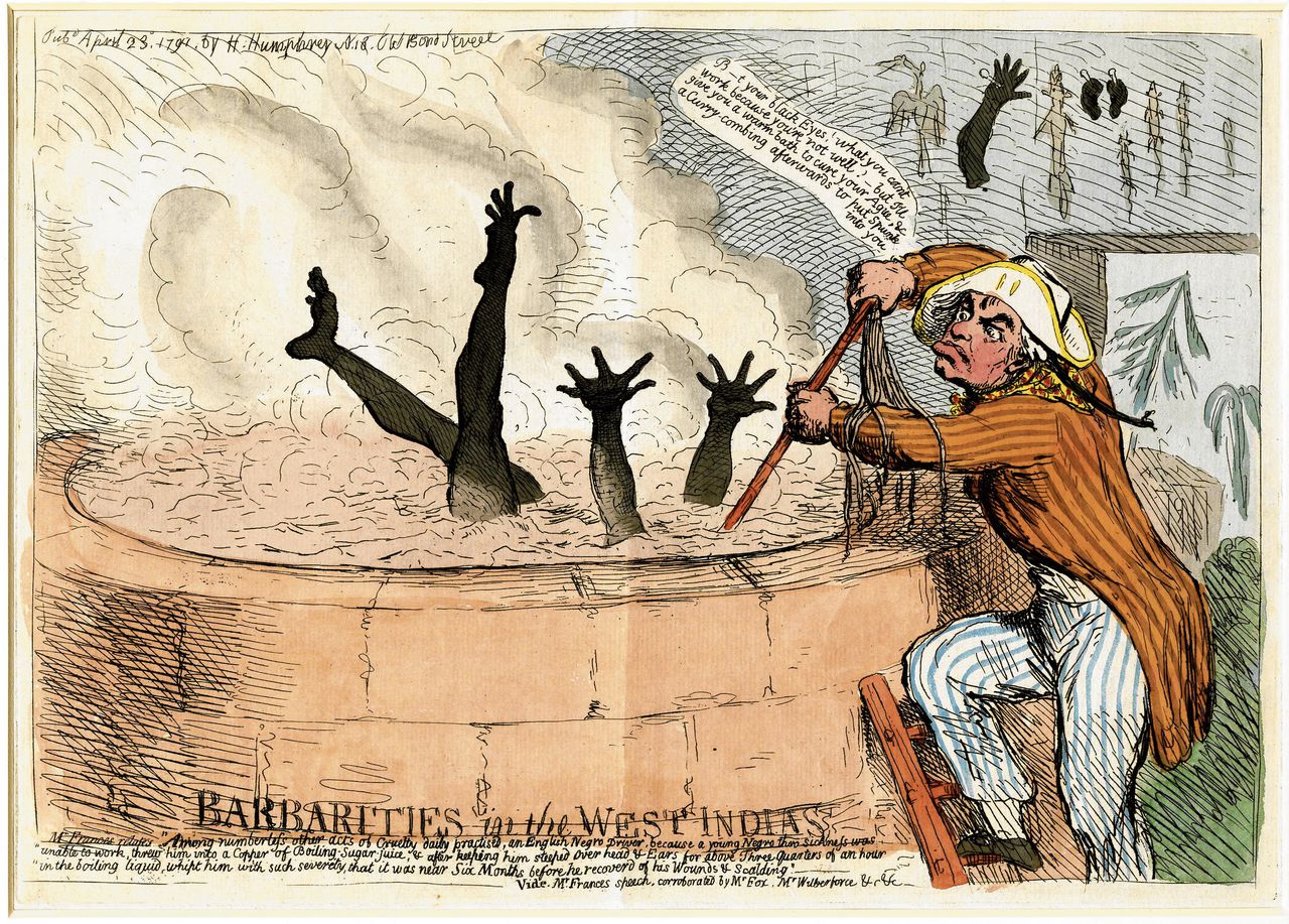 Een opzichter verdrinkt een slaaf in een vat kokend suikerriet. Britse anti-slavernijprent uit 1791.