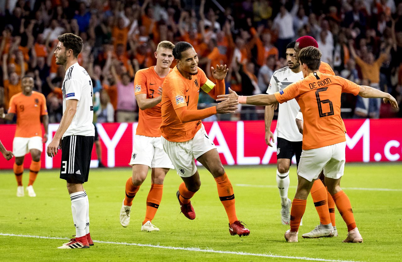 Oranje-aanvoerder Virgil van Dijk scoorde vorig jaar in het Nations League-duel tegen Duitsland, dat eindigde in 3-0.