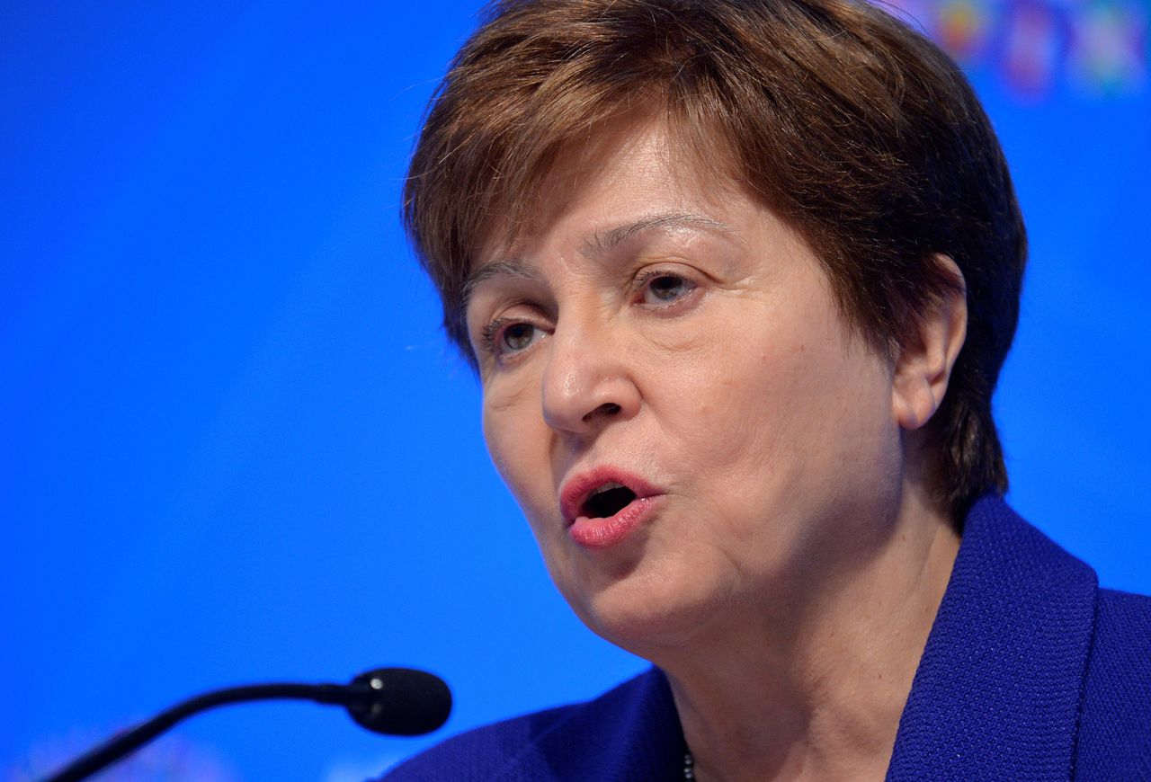 Archiefbeeld van Georgieva tijdens een persconferentie van het IMF.