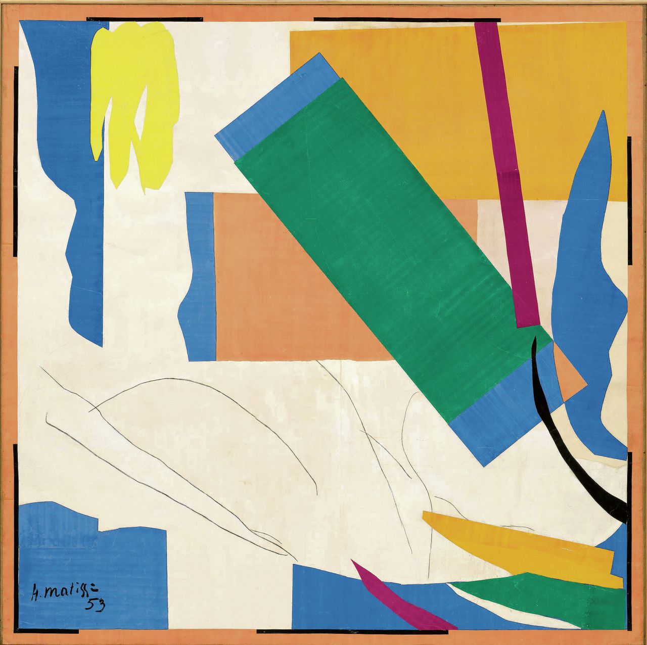 Henri Matisse, Souvenir d’Oceanie, 1952-1953. Gouache op papier, geknipt en geplakt, en houtskool op papier op canvas, 284,4 x 286,4 cm.