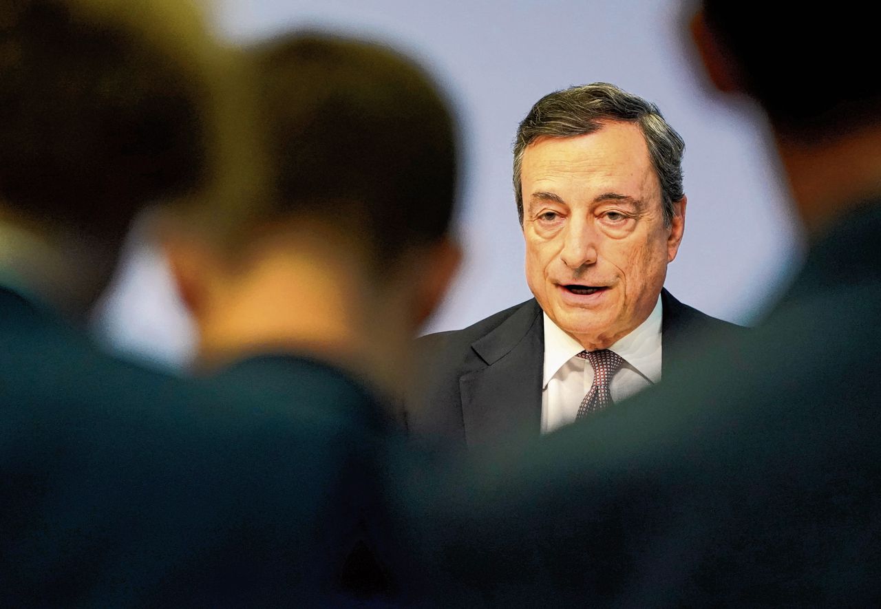 Mario Draghi donderdag tijdens de persconferentie over het rentebeleid.