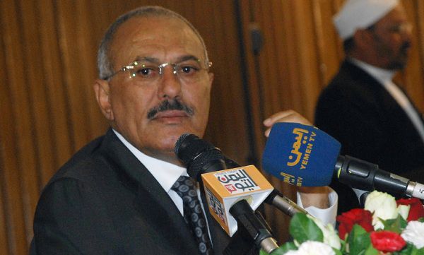 Yemen's President Ali Abdullah Saleh speaks to the press in the capital Sanaa on May 22, 2011. Saleh refused to sign a Gulf-brokered power-transfer plan, demanding clarification on "mechanisms" for its implementation, a ruling party member said. The deal would see him out of office in 30 days. AFP PHOTO/ GAMAL NOMAN