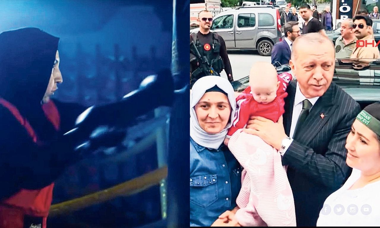 Links een beeld van het nieuwe YouTube-kanaal ‘+90’ van de vier westerse wereldomroepen. Rechts president Erdogan op de Turkse tv-zender TRT.