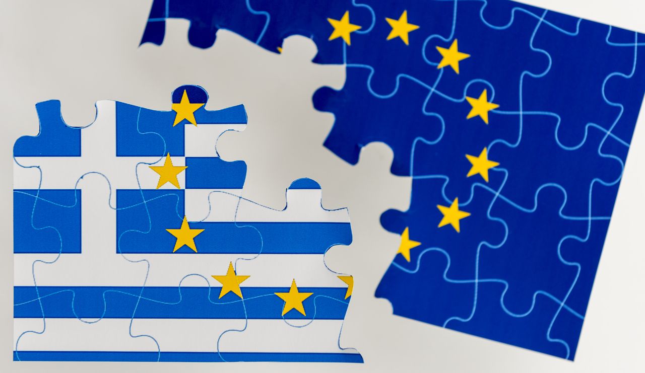 Illustratie van 'Grexit', de mogelijkheid dat Griekenland uit de eurozone stapt.