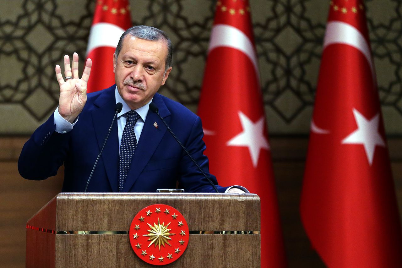 Erdogan tijdens zijn speech in het presidentiële paleis in Ankara.