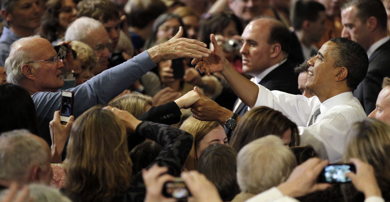 President Barack Obama shakes hands with supporters after speaking at a campaign fundraiser at the University of Vermont in Burlington, Vt., Friday, March, 30, 2012. (AP Photo/Pablo Martinez Monsivais)