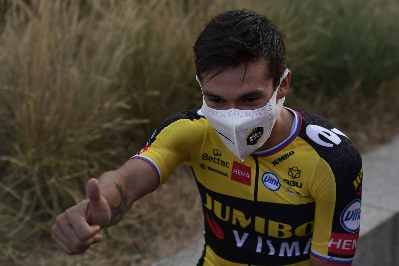 Primoz Roglic donderdag tijdens de ploegenpresentatie voorafgaand aan de Vuelta.