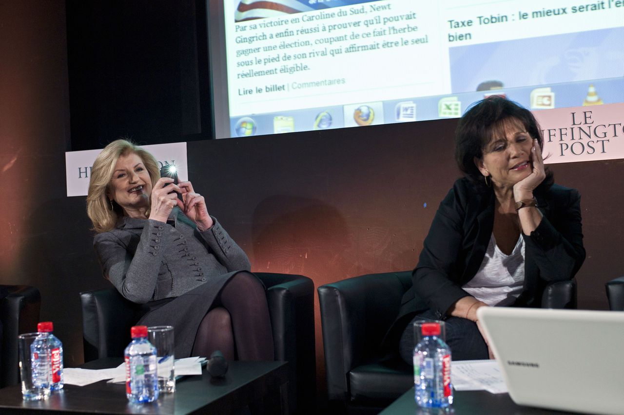 Editorial director of the French version of the Huffington Post's news website Anne Sinclair, right, and co-founder of "the Huffington Post" Arianna Huffington, left, give a press conference for the launch of the website, in Paris, Monday, Jan. 23, 2012. (AP Photo/Thibault Camus)