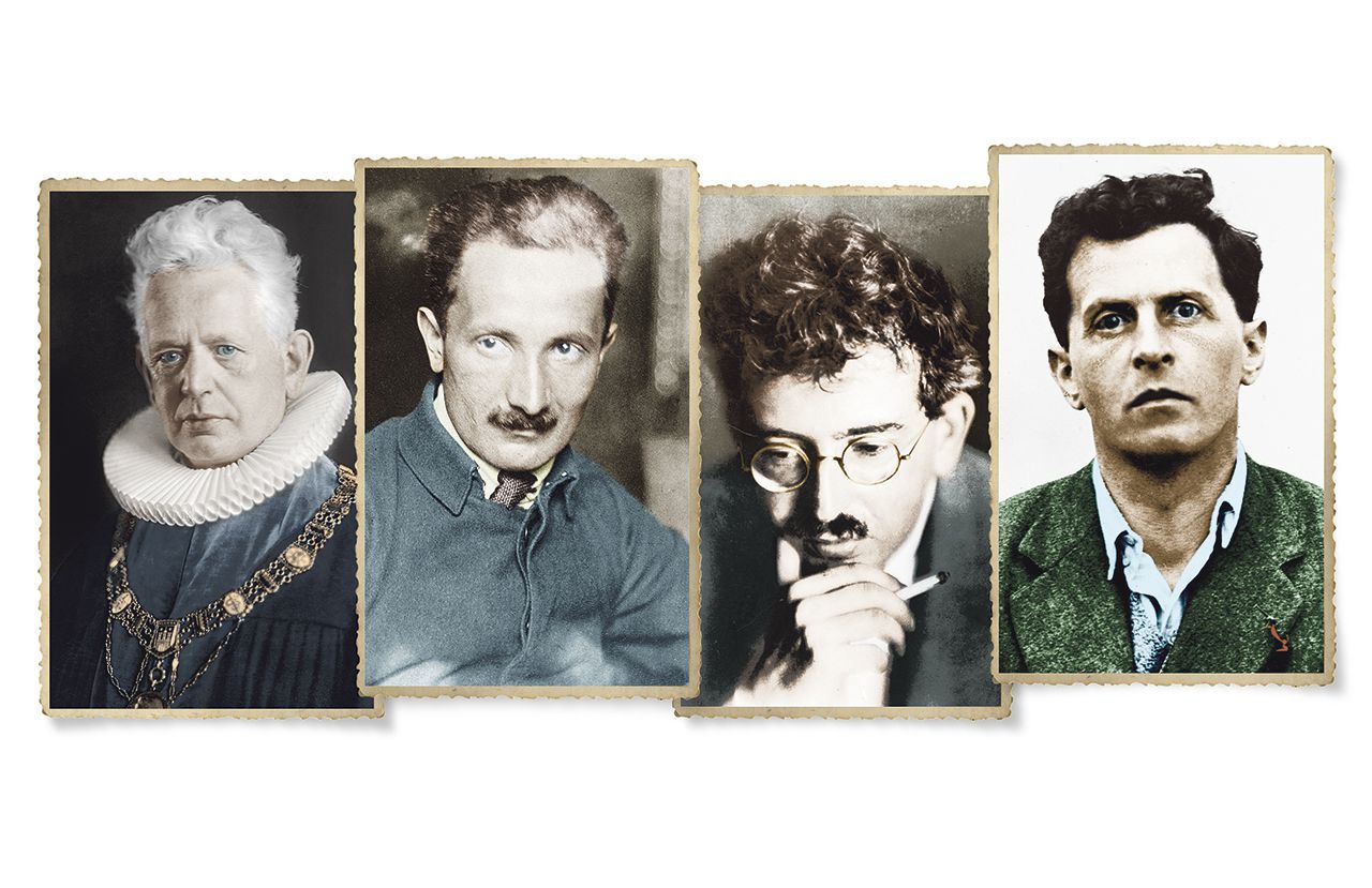 V.l.n.r. Ernst Cassirer (1874 - 1945), Martin Heidegger (1889 - 1975), Walter Benjamin (1892 - 1940) en Ludwig Wittgenstein (1889 - 1951), de hoofdpersonen in Eilenbergers boek.