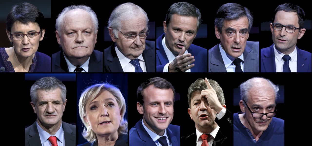 Een overzicht van de elf Franse presidentskandidaten. Van boven naar beneden, van links naar rechts: Nathalie Arthaud, Francois Asselineau, Jacques Cheminade, Nicolas Dupont-Aignan, Francois Fillon, Benoit Hamon, Jean Lassalle, Marine Le Pen, Emmanuel Macron, Jean-Luc Melenchon en Philippe Poutou.