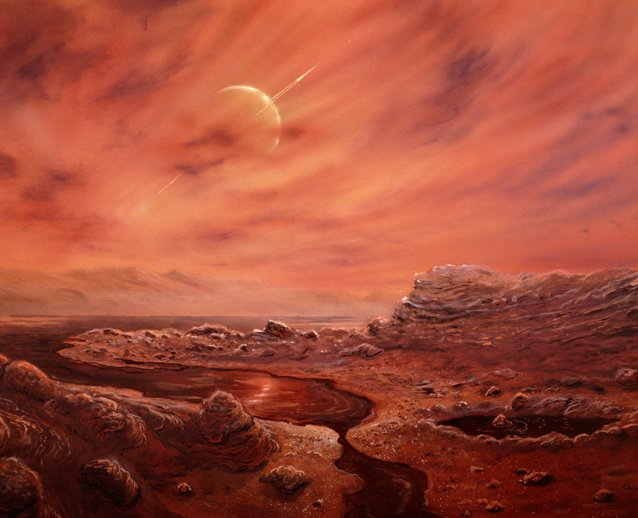 Tekening van het oppervlak van de SaturnusmaanTitan, met Saturnus zelf schijnend door de oranje methaanwolken.