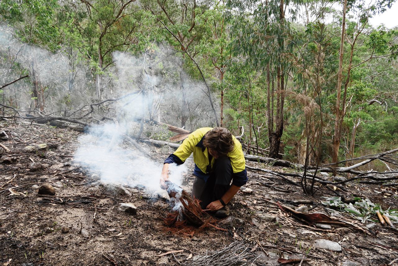 Aboriginal Dennis Barber steekt eucalyptusbladeren in brand.