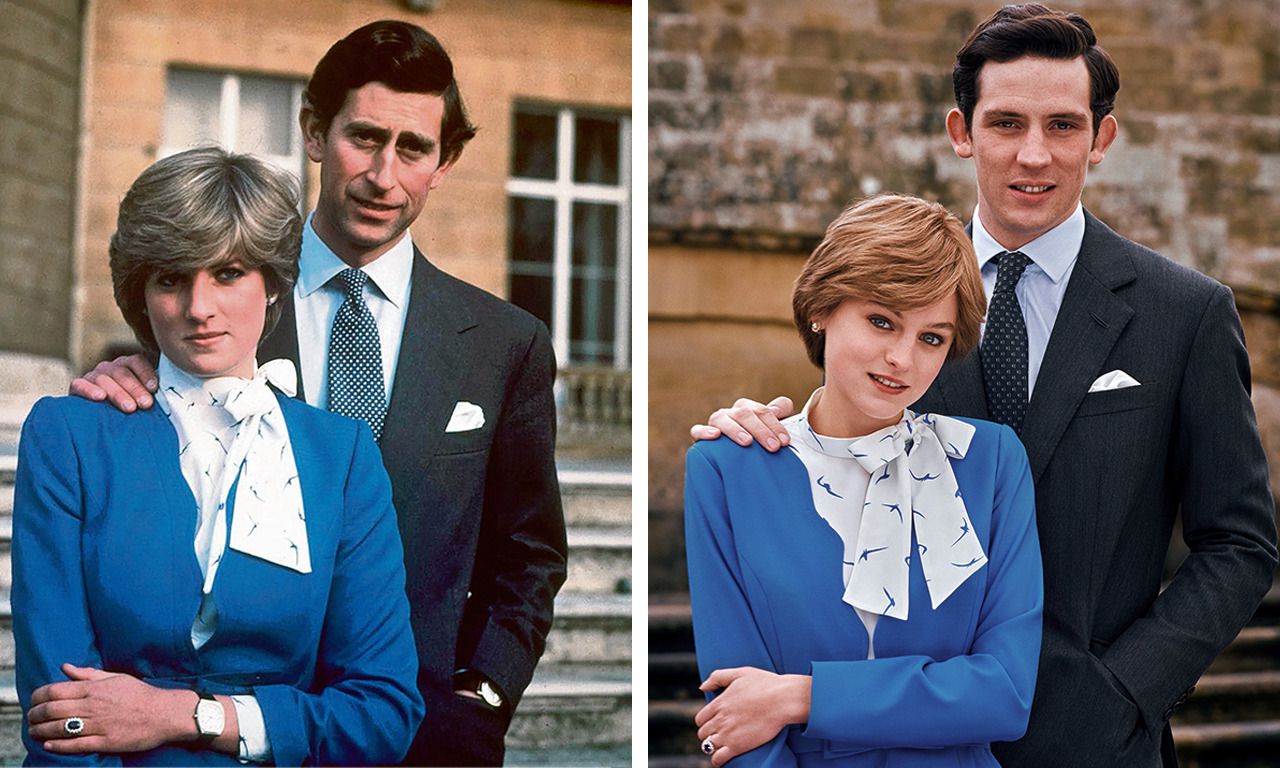 Feit (links): verloving Charles en Diana (1981). Fictie (rechts): verloving Charles (Josh O’Connor) en Diana (Emma Corrin).