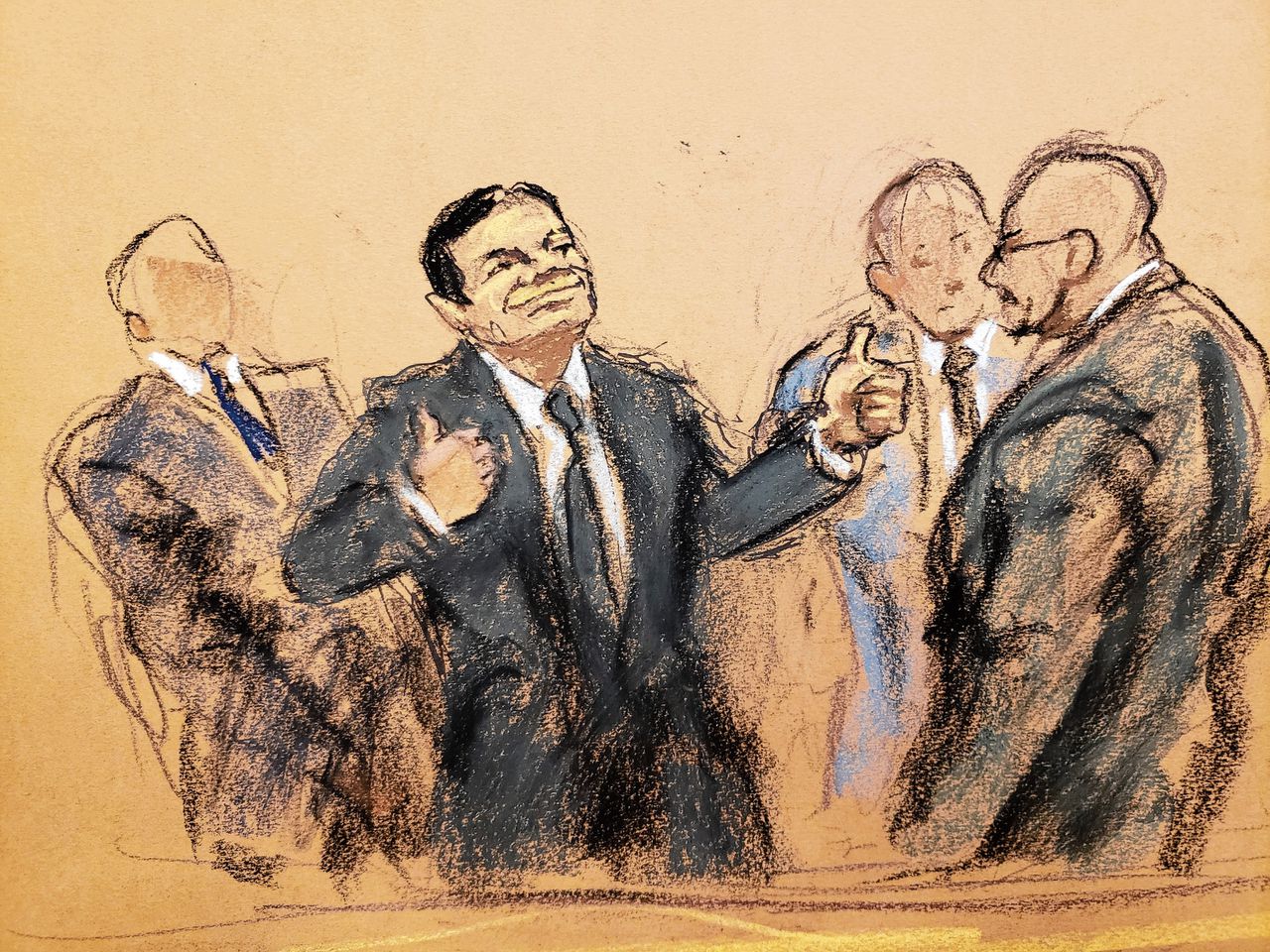 Joaquín Guzmán, alias ‘El Chapo’ op een rechtbanktekening van dinsdag. Van de maffiabaas worden in de rechtbank geen foto’s gemaakt.