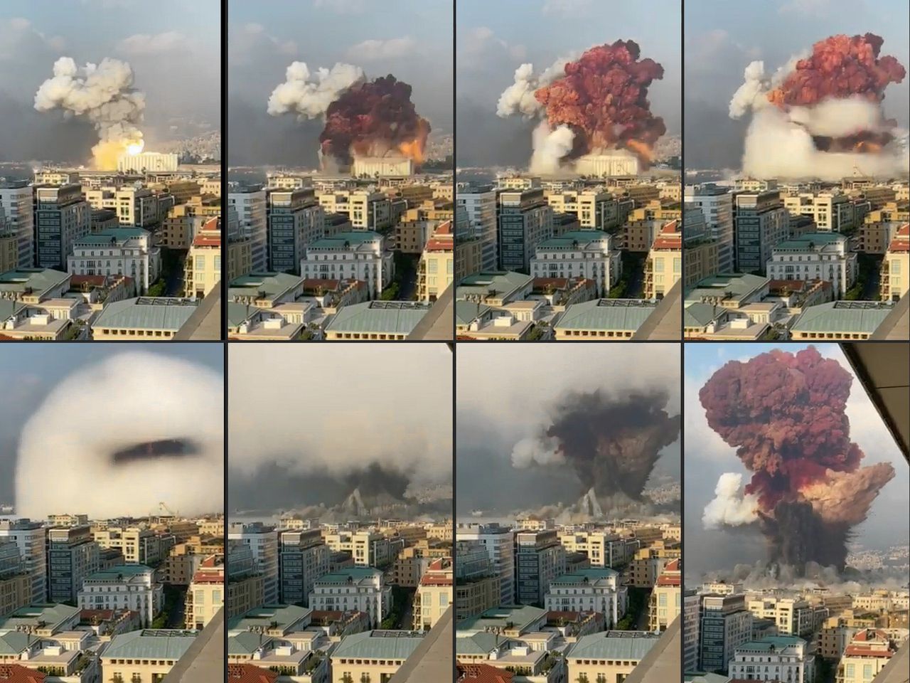 De verschillende stadia van de explosie in Beiroet.