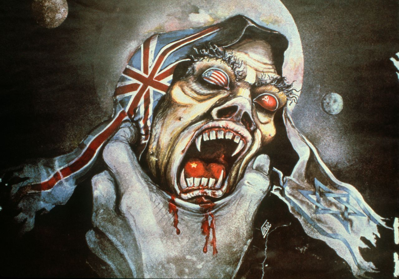 A kind of posters that can be seen in Teheran : a hand (representing an Iranian hand) holds a wampyr' s head with flags (USA and USSR) in the eyes and a Chinese flag in the mouth. On the head is a foulard with Britain and Israeli flags. This poster is to show the Iranian fight against the imperialism all over the world.