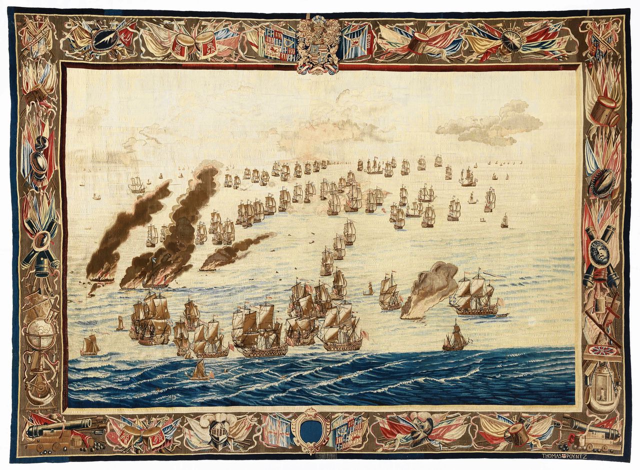 Twee door Willem van de Velde de Oude ontworpen wandtapijten over de Slag bij Solebay (1672). Het grootste tapijt (6 bij 3,3 meter) toont de opstelling van de Engels-Franse en de Nederlandse vloot (op de achtergrond). Op het tweede tapijt (4,5 bij 3,3 meter) staat het Britse vlaggenschip Royal James in brand.