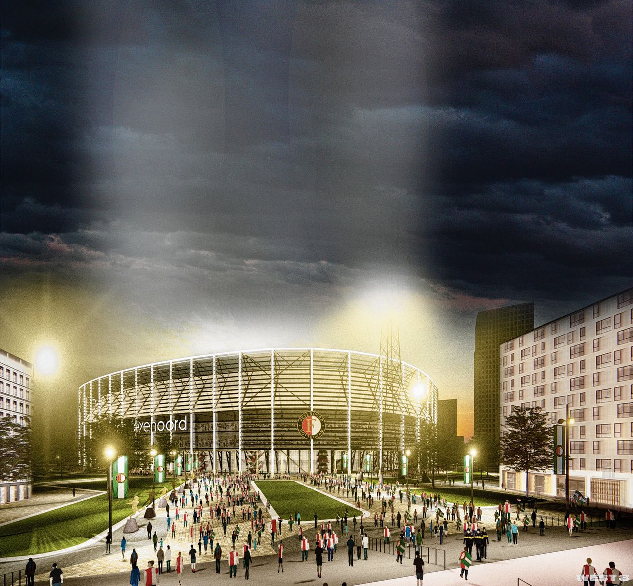 Impressie van de gemoderniseerde Kuip van Consortium DMK met een nieuwe schil rondom het monumentale stadion uit 1937.
