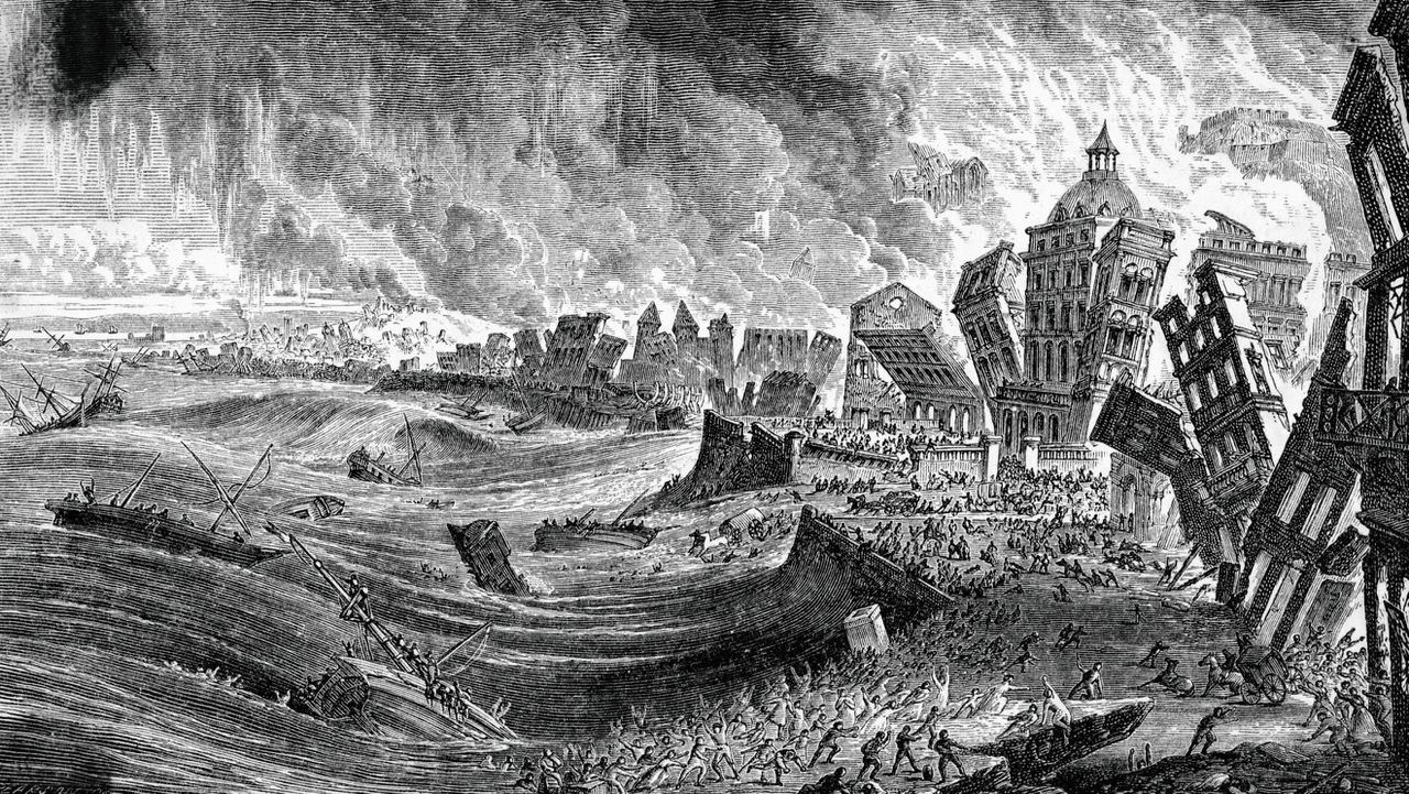 De aardbeving en tsunami van 1755 waarbij de Portugese hoofdstad Lissabon werd verwoest. Gravure uit A Popular Description in the Movements in the Earth’s Crust ( 1887).