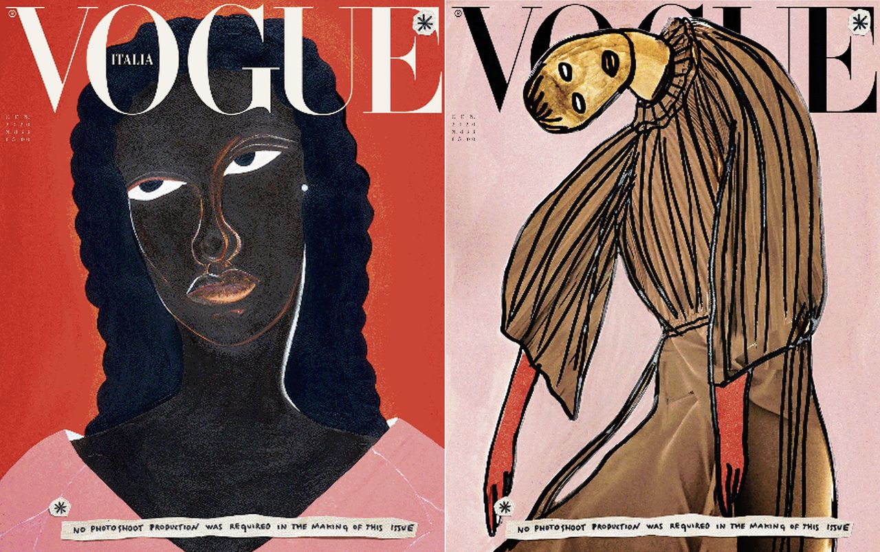 Twee van de zeven getekende covers van het januarinummer van de Italiaanse Vogue.
