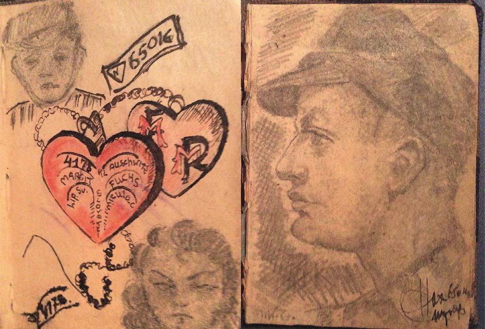 Tekeningen van Mozes Weiden Gotlieb uit het dagboek dat Max Moszkowicz aan het eind van de oorlog is gaan bijhouden. Links staat hij samen met Margit Fuchsova op wie hij verliefd werd in Auschwitz. Rechts is hij geportretteerd.