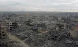 Een dronefoto toont de verwoesting in een woonwijk in Gaza-Stad,  op 12 oktober 2025.