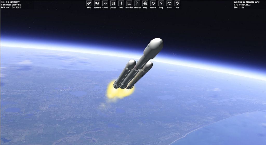 De Falcon Heavy-raket van SpaceX in volle actie.